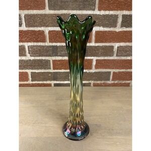 Fenton GREEN CARNIVAL GLASS 12 1/2" Rustic Swung Stretched Vase